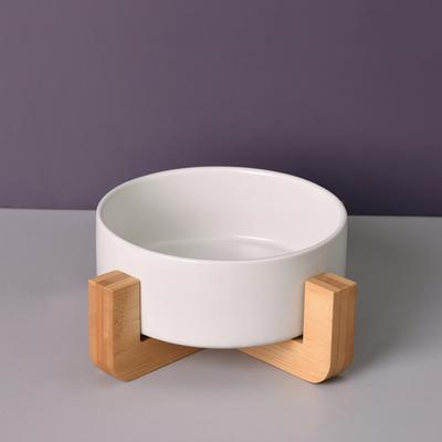 Large Caliber Ceramic Cat Bowl No Spill Cervical Spine Pet Feeding Bowl Anti-Overturn with Wooden Rack High Footed Dog Bowl
