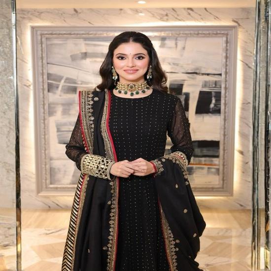Women's Black Mirror Work Flared Anarkali Gown Set with Dupatta