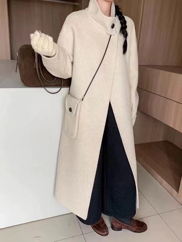 Free messenger bag design stand-up collar double-sided wool coat age-reducing medium and long women's thin woolen coat