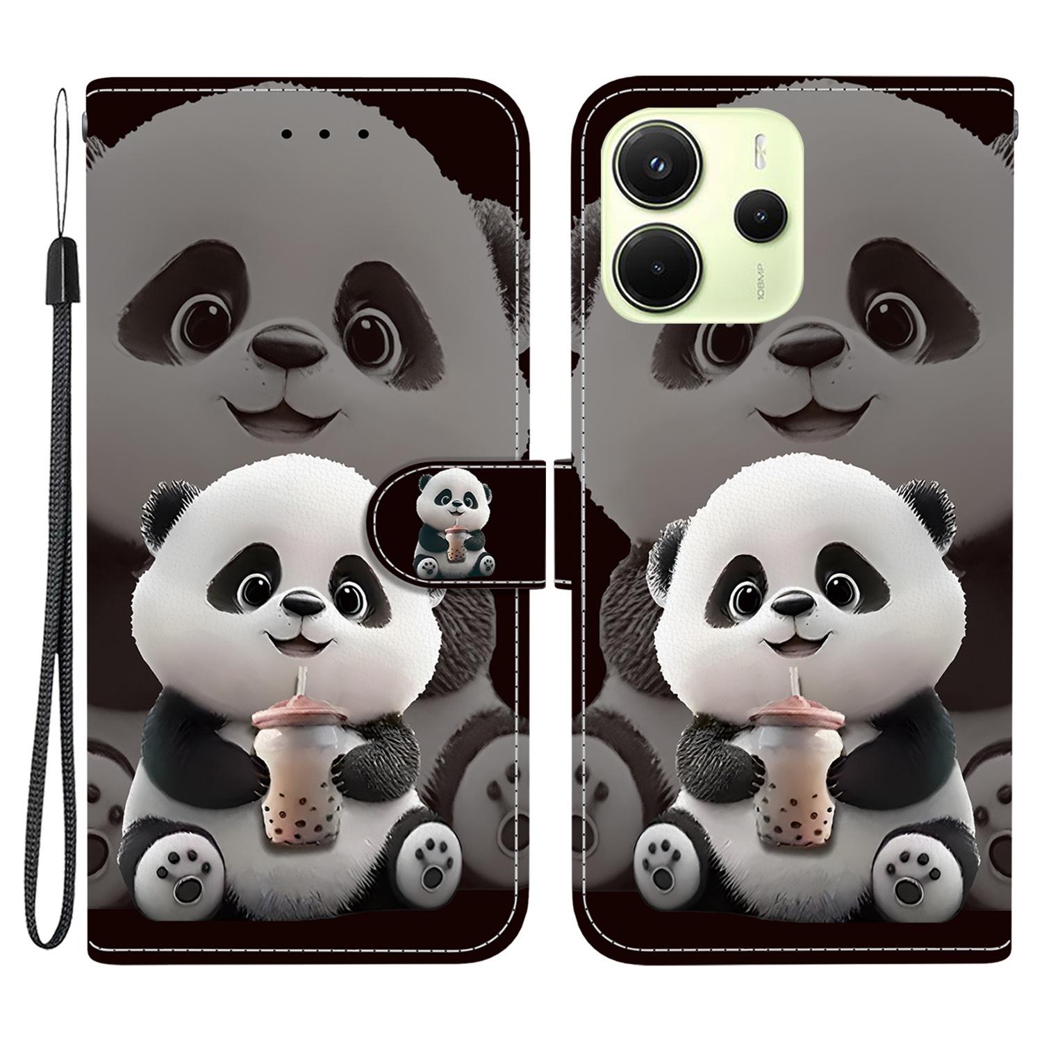 

For Xiaomi Redmi Note 14 4G (163.25mm) Leather Case Stand Wallet Pattern Printing Phone Cover with Wrist Strap Milk Tea Panda