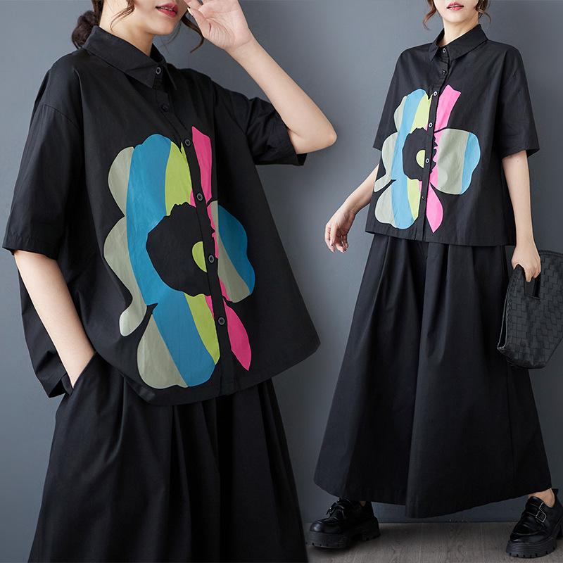 

Весна Лето Большой Размер Лоскутная Повседневная Рубашка с Коротким Рукавом One Size чёрный