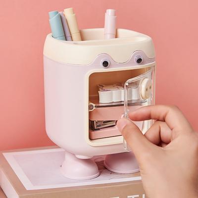 Cute Cartoon Pig Pen Holder Multi-Grid Desk Organizer with Drawer Multi-functional Cosmetic Makeup Brush Holder for Home Office School Supplies