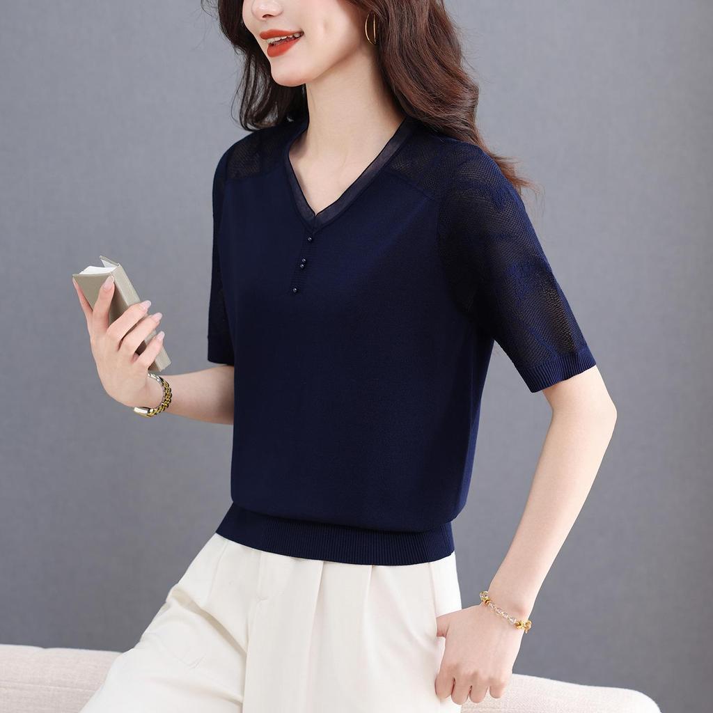 Women's Summer Ice Silk V-Neck Lace Knit T-shirt: Age-Defying, Tummy-Concealing Short Sleeve for Mid-Aged Moms 40s.