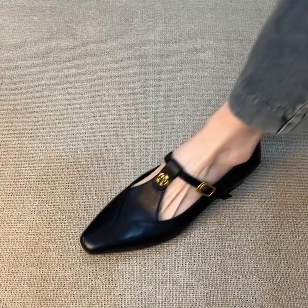 Sheepskin Version~ Versatile Leather One-word Buckle Hollow Single Shoes Women's Retro Camellia Thick Heel Commuting Mary Jane Shoes