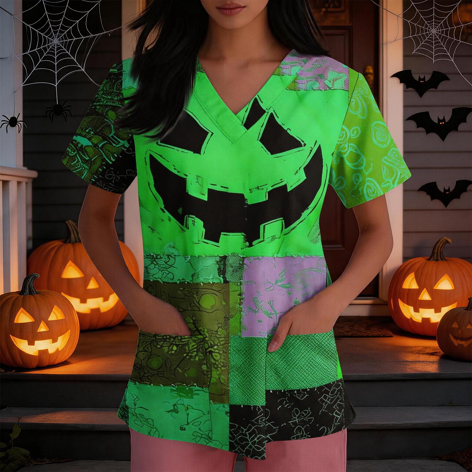 Women s Loose Fit Costume V-Neck Short Sleeve Side Slit Top with Halloween Print XXXXXL