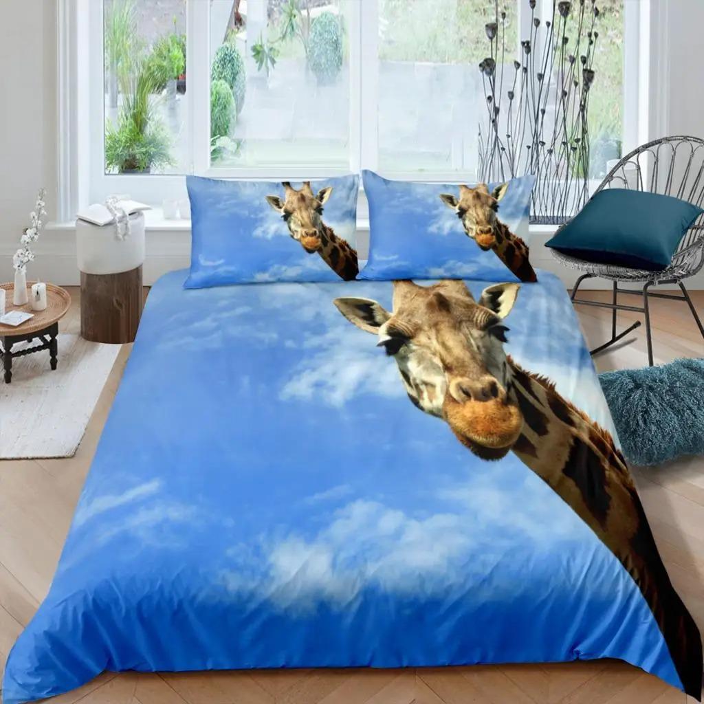 Home Living Luxury 3D Print Giraffe Bedding Set Sky Cloud Duvet Cover Pillowcase Queen and King EU/US/AU Size Polyester Bedding