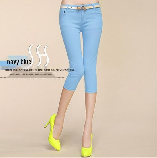 

Women s Candy Color Capri Jeans - Korean Style, Elastic, Slimming, Cropped Pencil Pants for Summer. 30 темно-синий