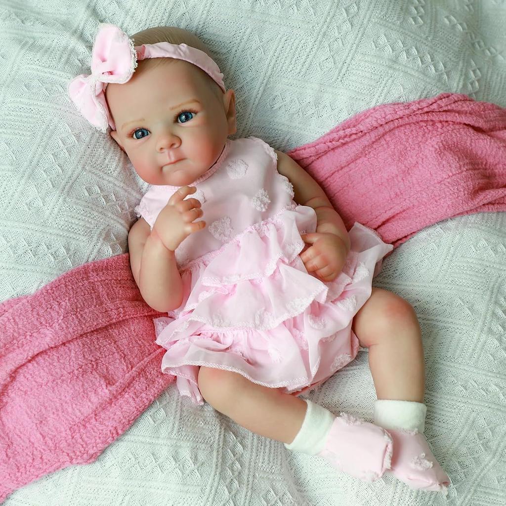 48cm Realistische Reborn-Puppe Badepuppe Bettie- Vollvinylkörper mit handbemaltem Haar & rosa Prinzessinnenkleid