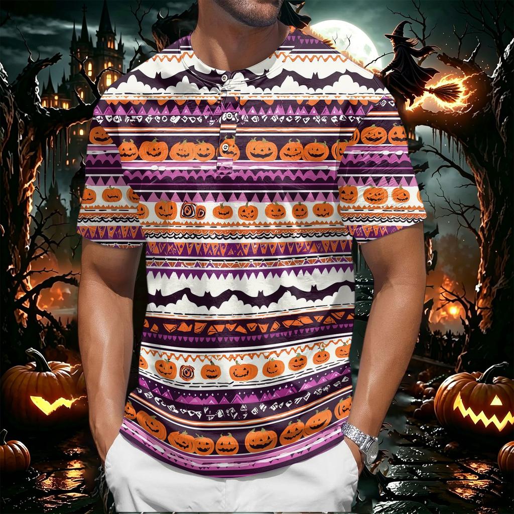 Mens Halloween Print Crew Neck Short Sleeve T Shirt Soft Fabric Casual Fit Pumpkin Pattern Comfortable Top