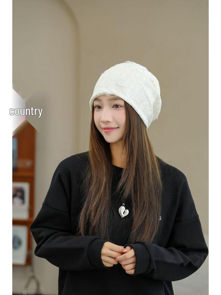 Versatile Rhinestone Loose Beanie for Women - Breathable, No Makeup, Large Head Fit, Fashionable Autumn Winter Head Wrap