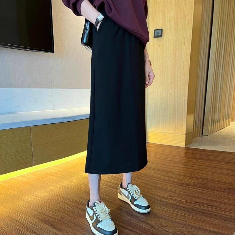 

Plus Size 150.00kg Chubby Girl Mid Length Long Length A- line Skirt Female Spring and Summer Small High Waist Slim Looking Back Slit Straight Skirt Black L