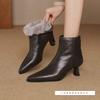 Winter High Heels Women's Leather Pointed Toe Stiletto Short Boots Temperament Brown Lamb Wool Snow Boots Women's Boots