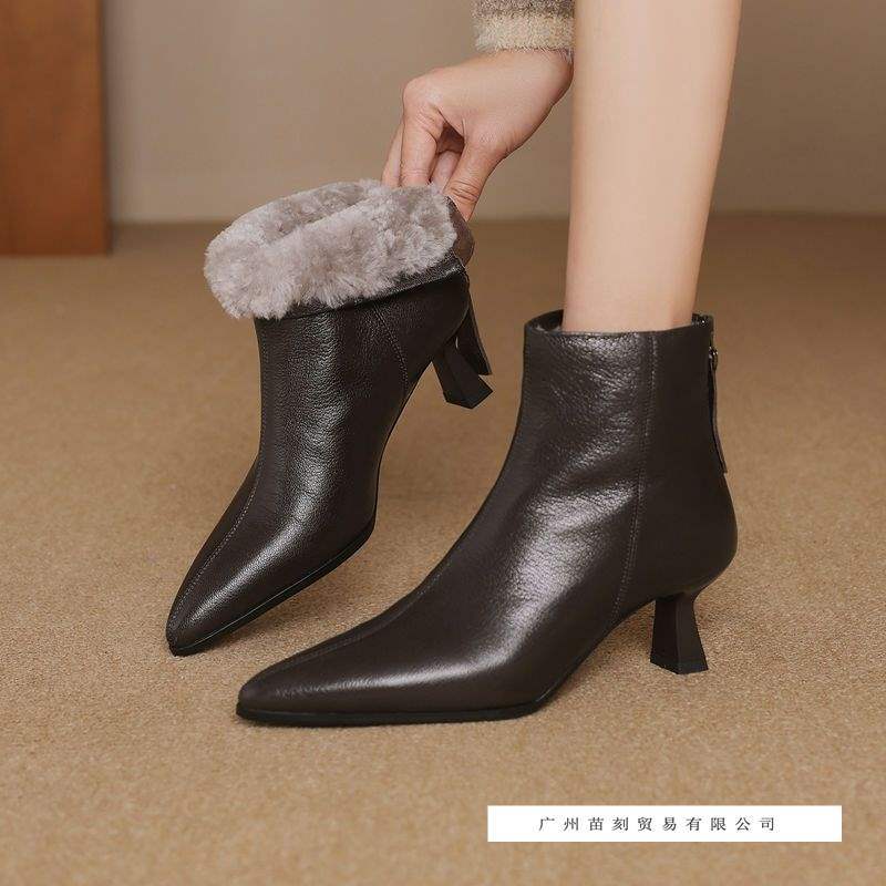 Winter High Heels Women's Leather Pointed Toe Stiletto Short Boots Temperament Brown Lamb Wool Snow Boots Women's Boots