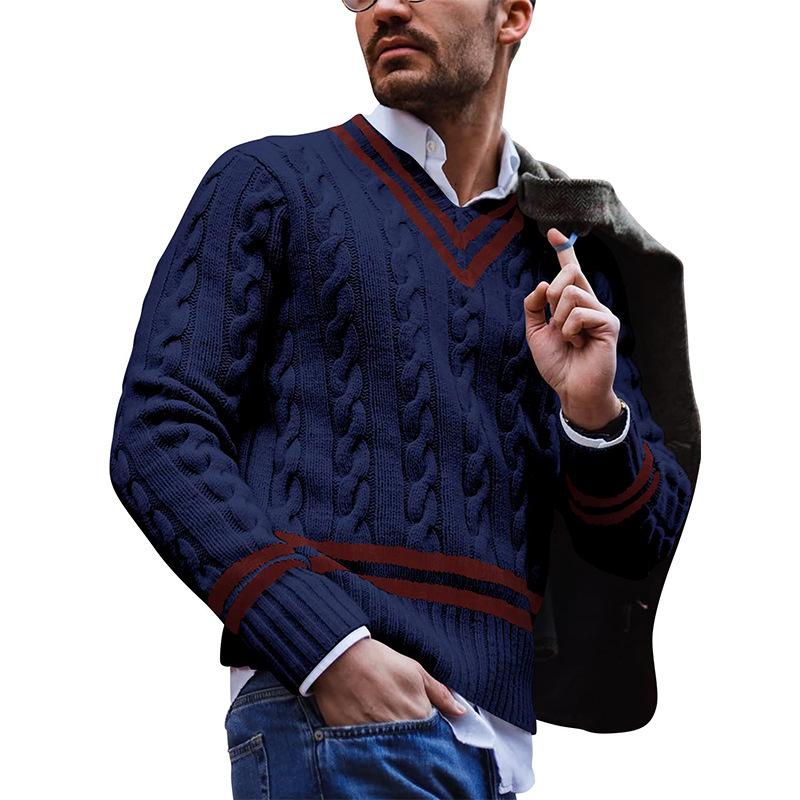 

V-neck Sweater Men s Striped Color-blocked Knit Sweater XXL