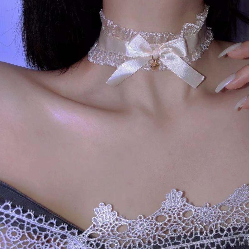 Lace Bowkot Choker Necklace with Bells Vintage Choker Short Chain Necklace