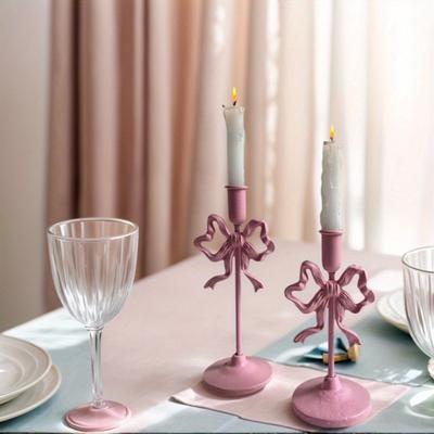 French Style Candlestick Tabletop Home Decor Romantic Metal Accent Gold Pink Bow Motif Vintage Inspired Candle Decoration