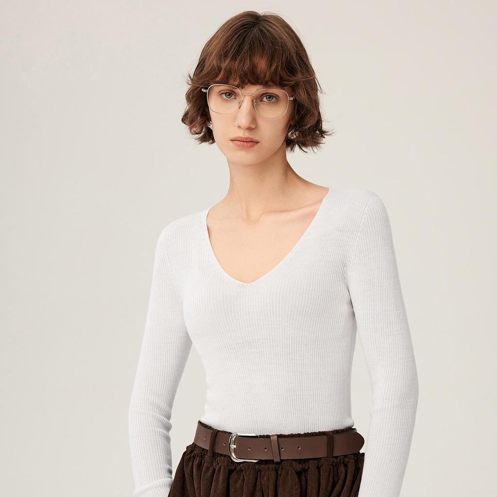 18-Gauge One-Piece Fine-Spun Chicken Heart Collar 100% Wool Women's Long-Sleeve V-Neck Slim-Fit Base Layer Shirt