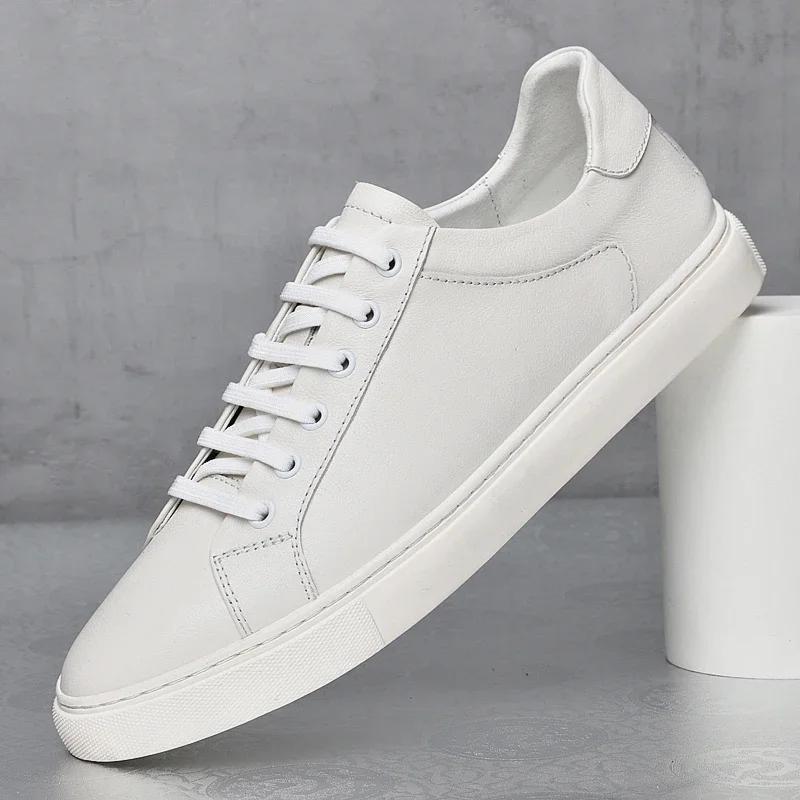 

Men Fashion Brand Genuine Leather Shoes Breathable Lace-up Casual Sneakers Wear-resistant Streetwear White Shoes For Male 45