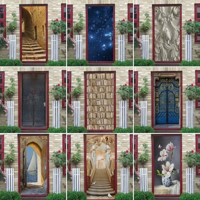 77Style 77/90cm Selbstklebende Türaufkleber Abnehmbarer Wandaufkleber Landschaft Tapete Stein Treppe Wandbilder für Türen Moderne Heimdekoration