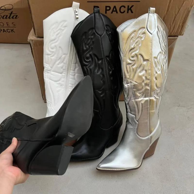 Fashionable Floral Embroidery High Heel Boots Women'S Knee High Boots Elegant Leisure Style Chinese Manufacturer