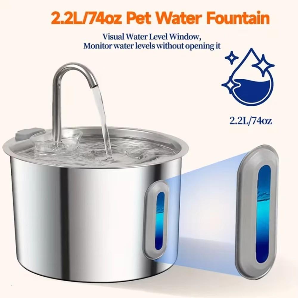 2.2L Cat Dog Water Fountain Ultra Quiet Stainless Steel Pet Automatic Drinking Dispenser Water Level Window Filter System