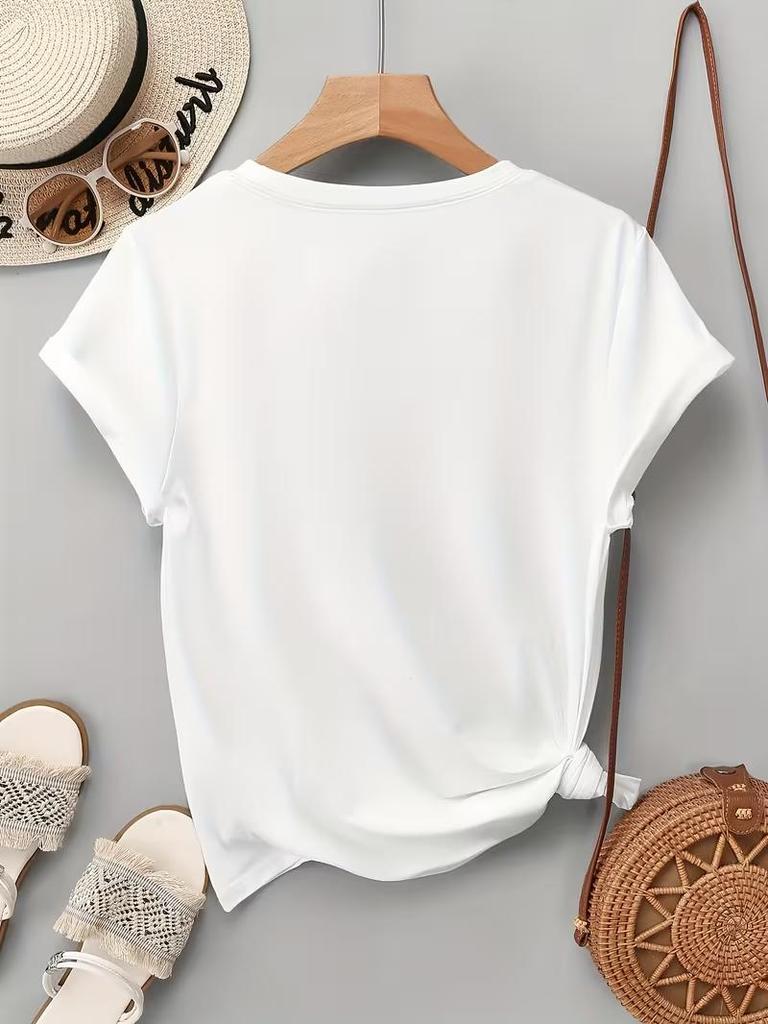Women Heart Print Short Sleeve T-Shirt Casual Round Neck Summer Graphic Tee
