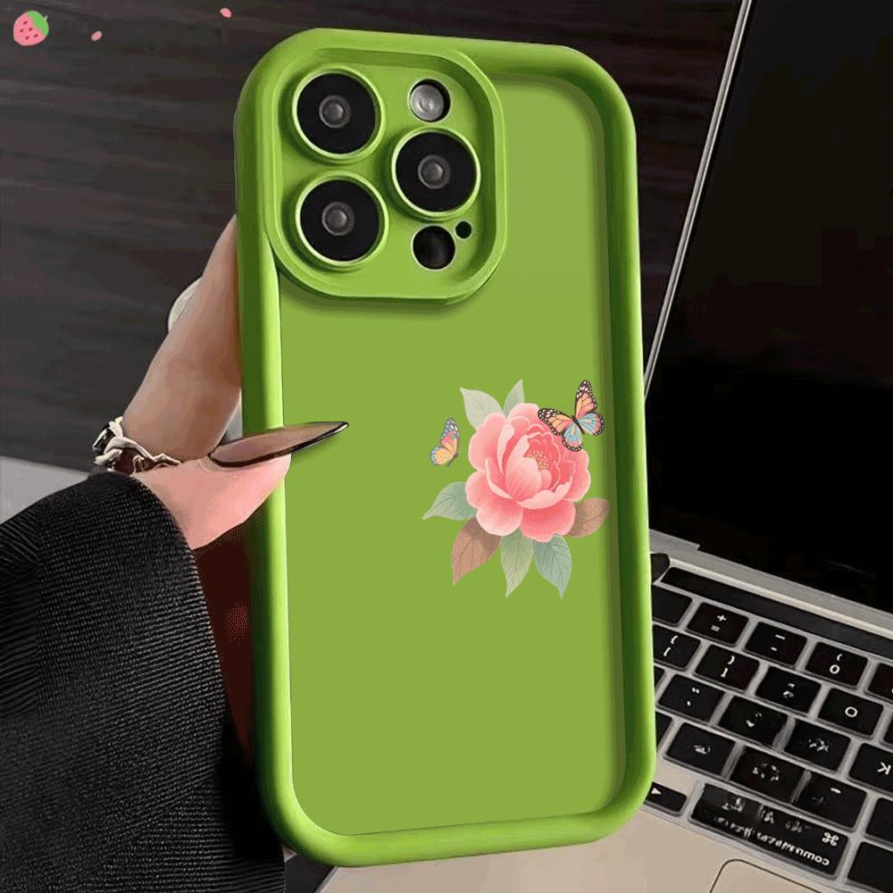 Pink Flower & Butterflies on Side Soft TPU Phone Case for iPhone 16 15 14 13 12 11 Pro Max Plus Shockproof Anti-Slip Cover