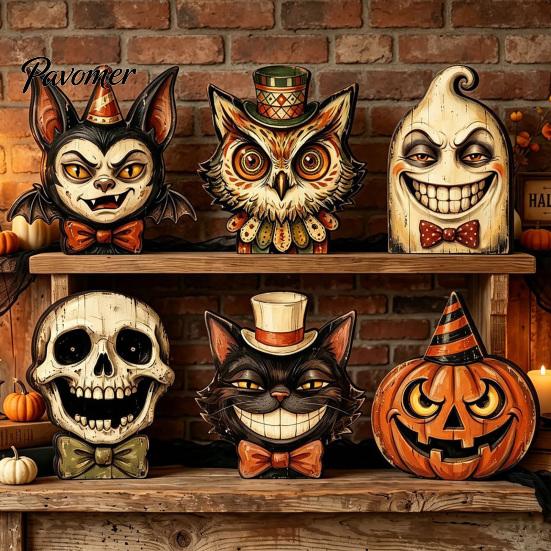 Rustic Style Ornament Set Wooden Halloween Ornaments, Retro Desktop Decorations for Home Table Tiered Decor Tray Decor, Pumpkin/Black Cat/Ghost/Bat