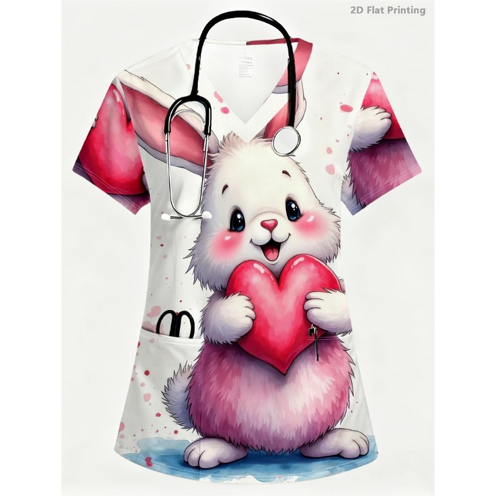 Clinical Uniform Woman Vet Easter Themed Print Top Summer Elegant V-Neck Short Sleeve with Pockets Dentist Scrubs Uniform Woman