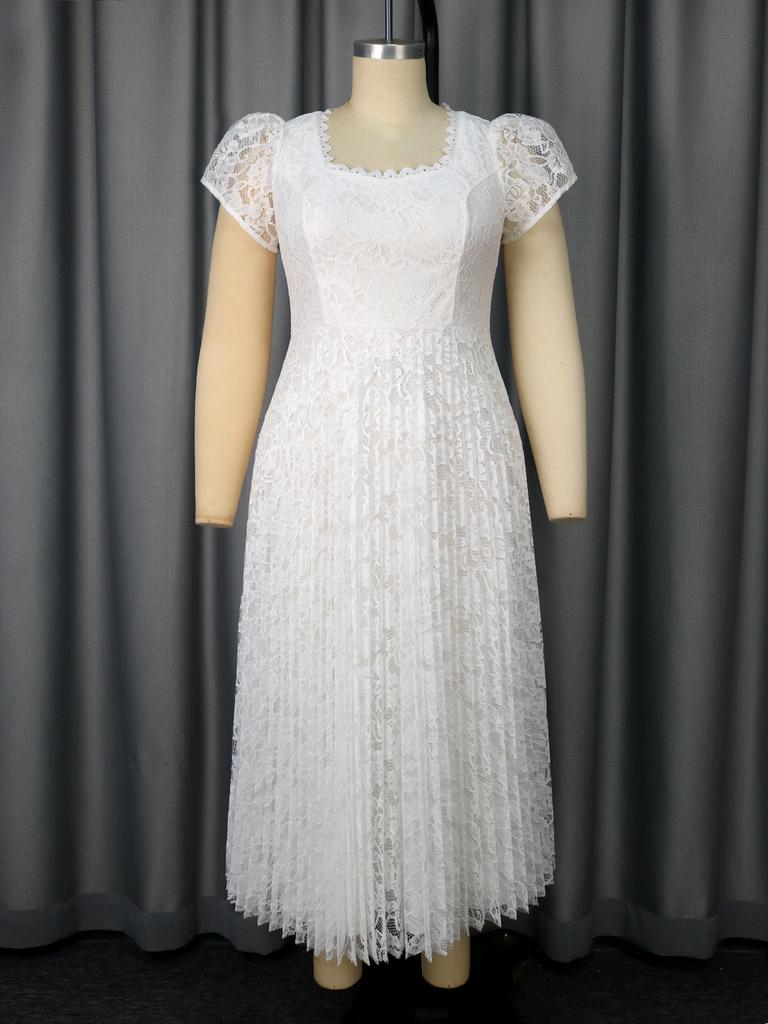 Dámské elegantní krajkové midi šaty A-linie plus size s nabíranými rukávy, ideální na svatby, zahradní párty a formální letní oslavy.