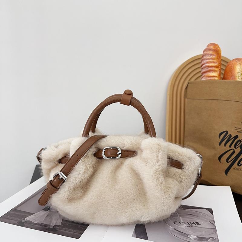 Women's Furry Handbag Retro Style Large-Capacity Fashionable Crossbody Bag Detachable Shoulder Strap Wing Shape Bag