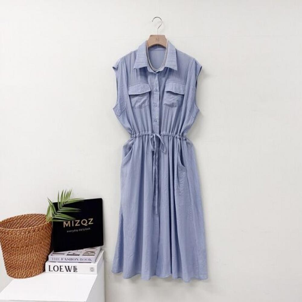 Mizqz Women Kara Two Pocket String Button Sleeveless Shirt Dress Big Size