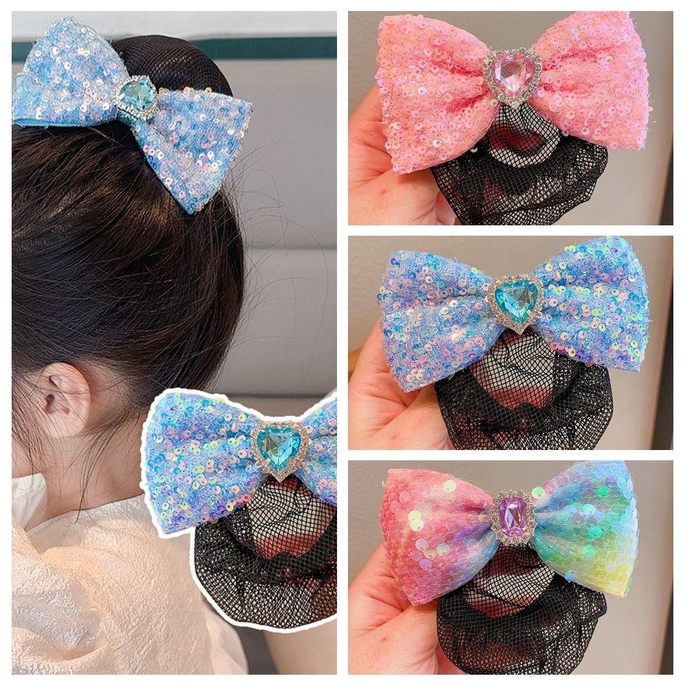 

Sequin Bow Spring Clip Diamond Bun Snood Cute Hair Net Cover Girl