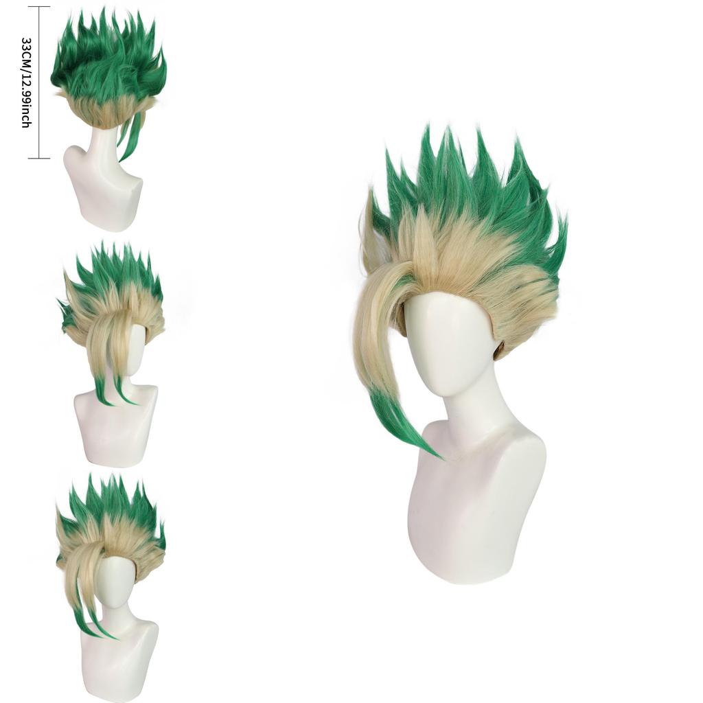 Dr Stone Ishigami Senkuu Cosplay Wig With Green Gradient Short Hair For Character Role Play