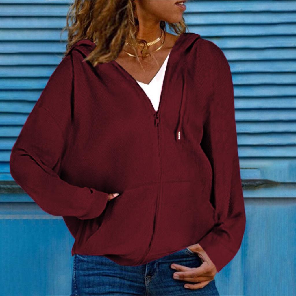 Women's Loose Slit Pocket Zip Solid Long Sleeve Hooded Sweatshirt Cardigan