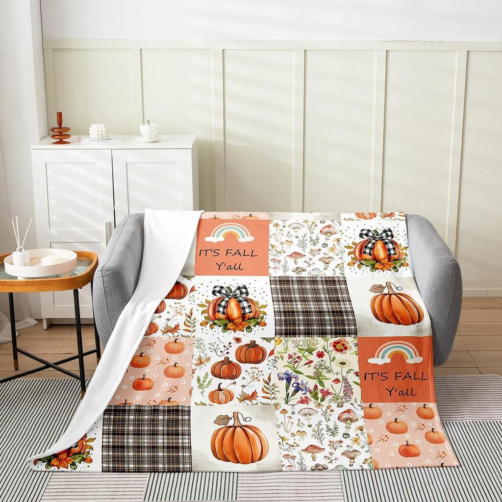 GUOYU Blanket Fall Pumpkin Harvest Fleece Flannel BlanketRustic Maple Autumn Leaves Bed Plush Blanket for Rustic Home DecorHarvest Patchwork