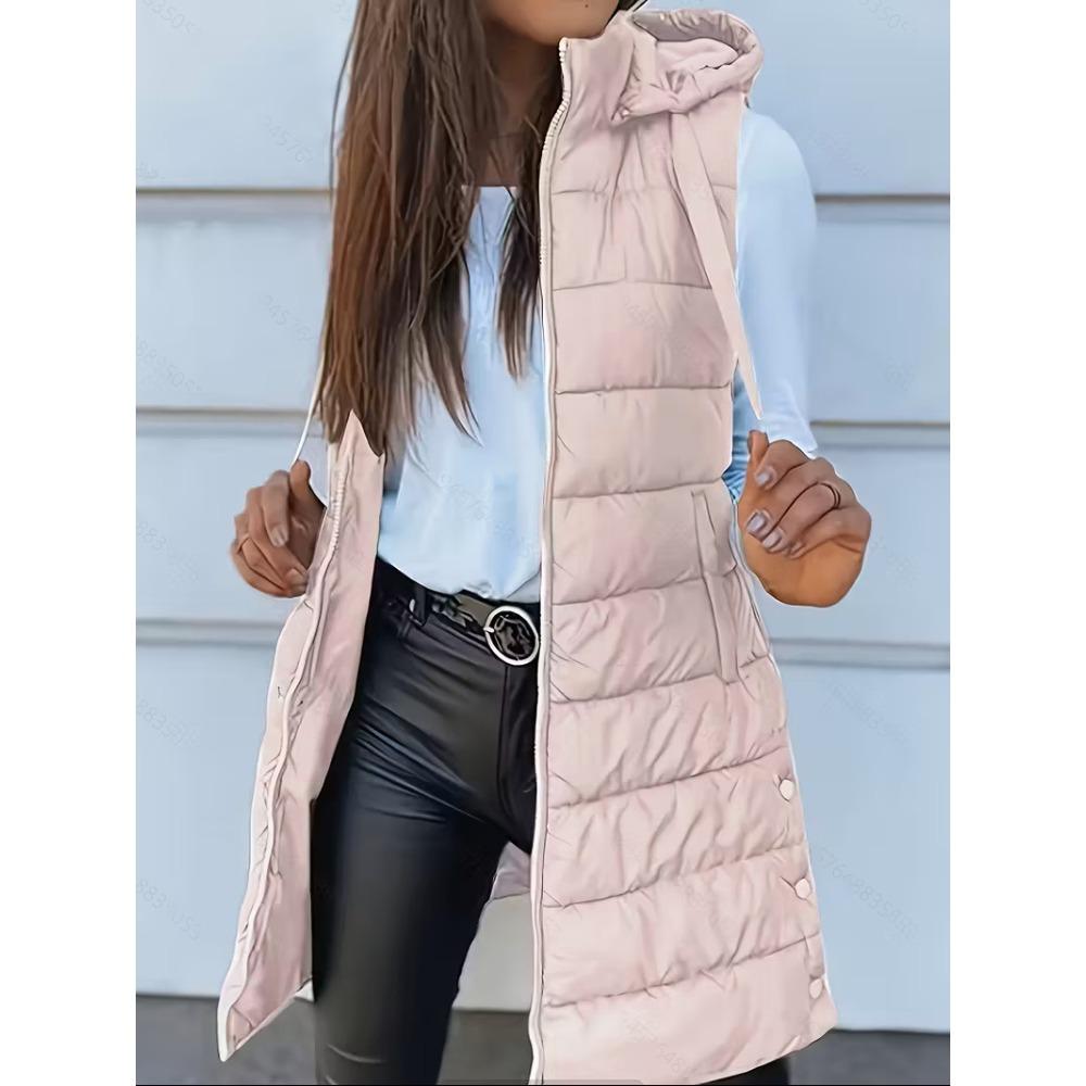Autumn Winter Solid Color Hooded Zip Cotton Vest Women Mid-Length Plus Size Padded Gilet Coat