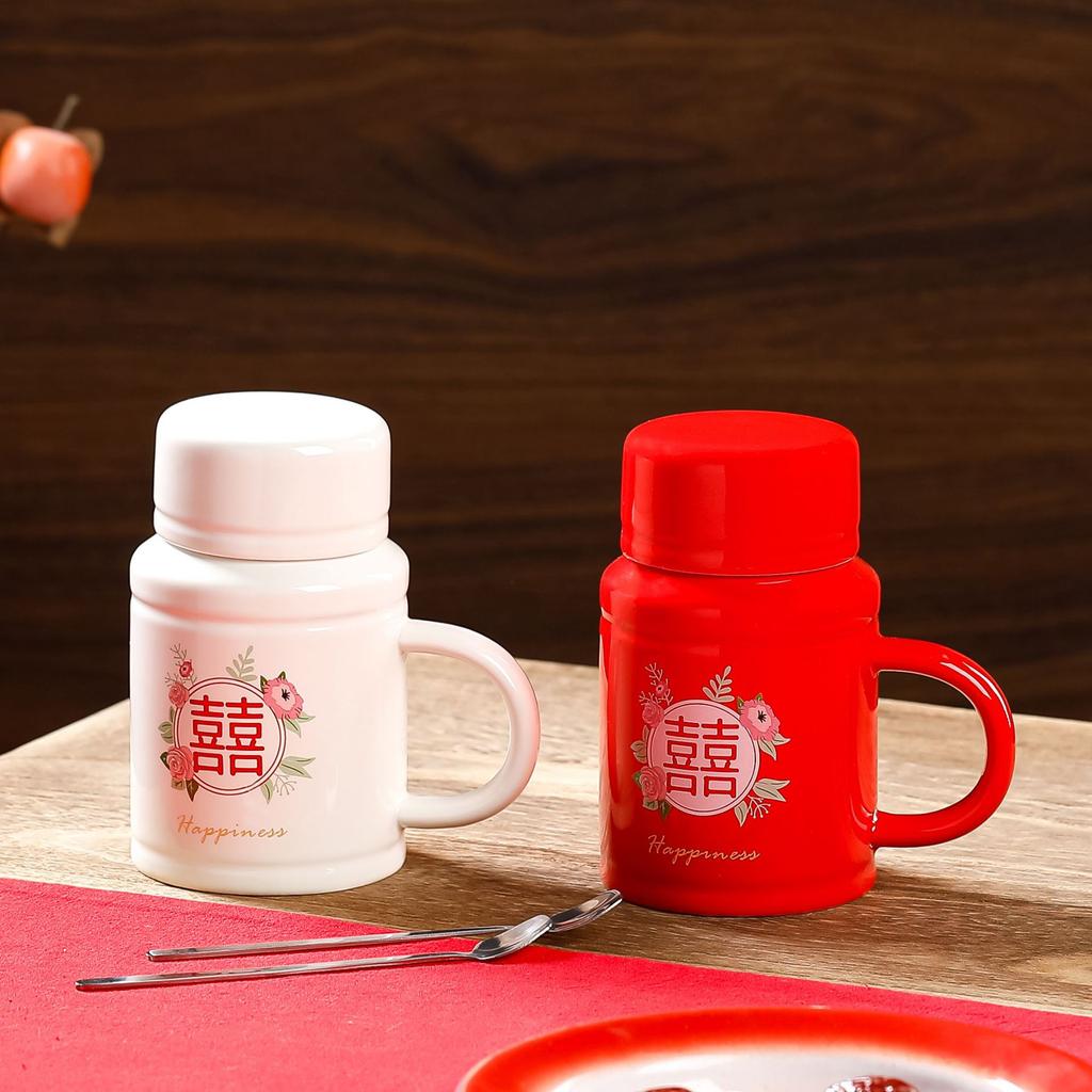 Couple with Lid Retro Ceramic Cup Large Capacity Mug Household with Spoon Wedding Festive Gift Water Cup