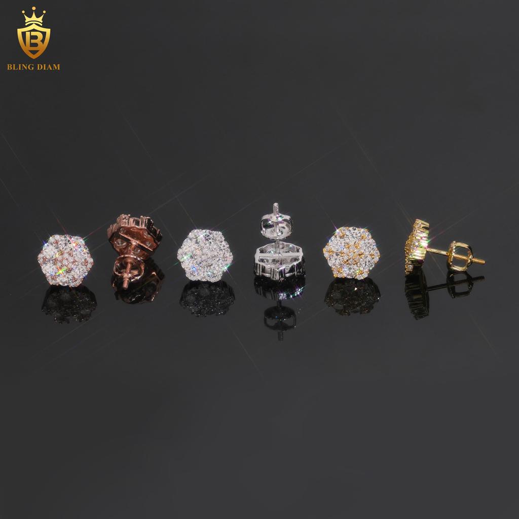 Low MOQ Hip Hop Jewelry Moissanite Iced Out Flower Earrings 10mm Iced Out Moissanite 925 Silver Stud Earrings Jewelry