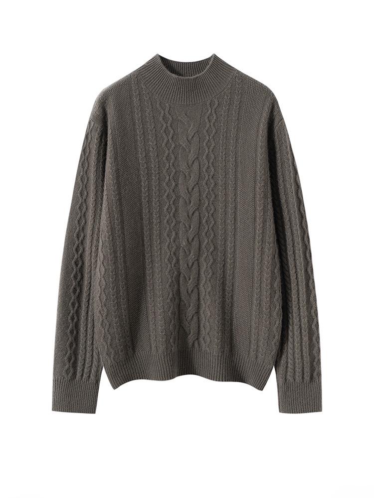 Women's Solid Color Twisted Flower Cable Knit Cashmere Sweater, Thickened Half-High Collar Slim Fit Base Layer Top