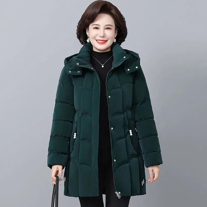 Women's Winter Thickened Jackets Parkas Hooded Quilted Long Pockets Coat Middle Aged Female Overcoat