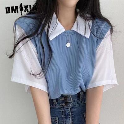 Summer Polo Lapel Fake Two College Style Colour Collision Short-sleeved T-shirt Female Loose Casual Versatile Tops