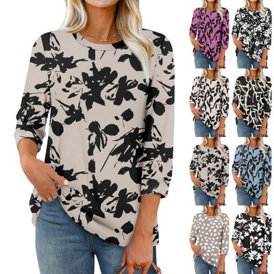 Moda damska Casual Okrągły dekolt Rękaw 3/4 Luźny T-Shirt z nadrukiem Damski top