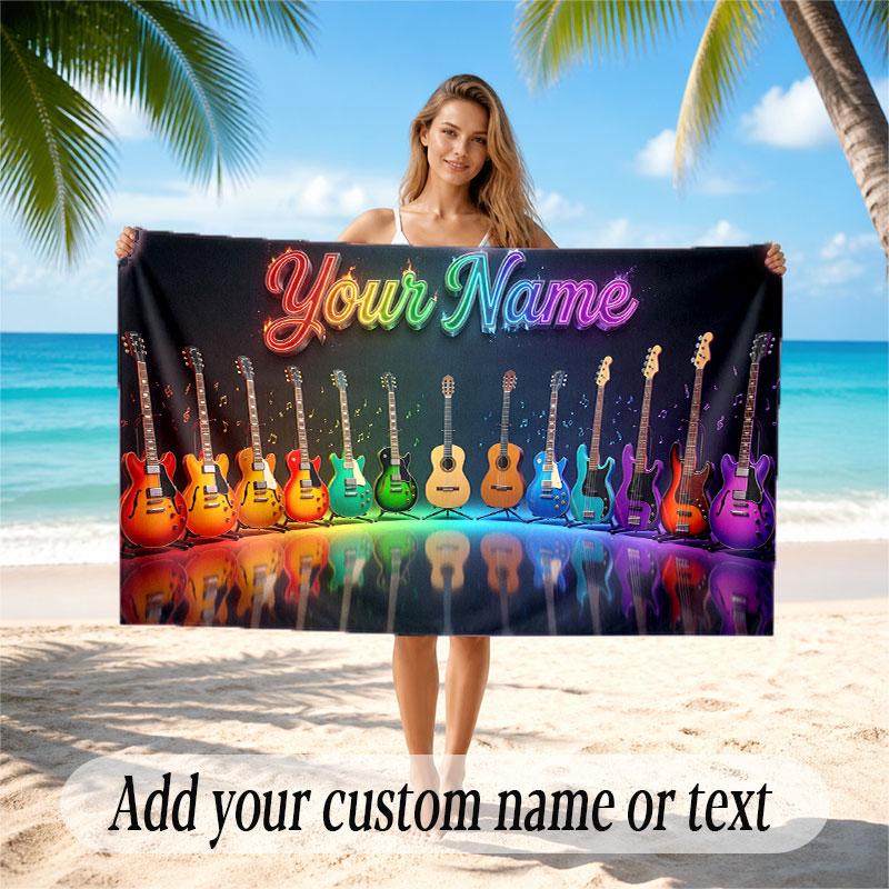 Music Guitar Theme Beach Towel Personalized Custom Name & Text Soft Quick Dry Beach Towel for Swimming Travel