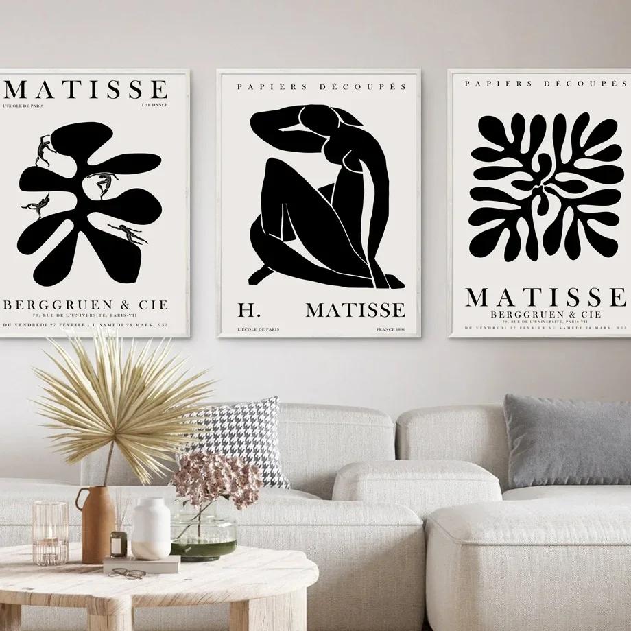 Abstraktes Schwarzes Matisse Blatt Boho Linien Retro Wandkunst Leinwandgemälde Poster und Drucke Wandbilder für Wohnzimmerdekor