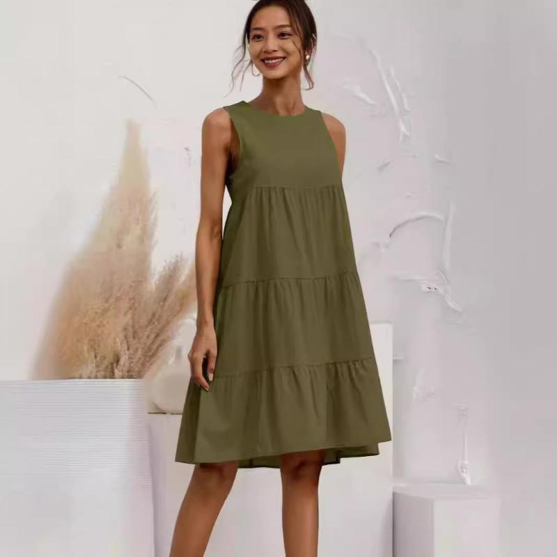 Plus-size Women's Sleeveless Patchwork Loose Round Neck Solid Color Dress