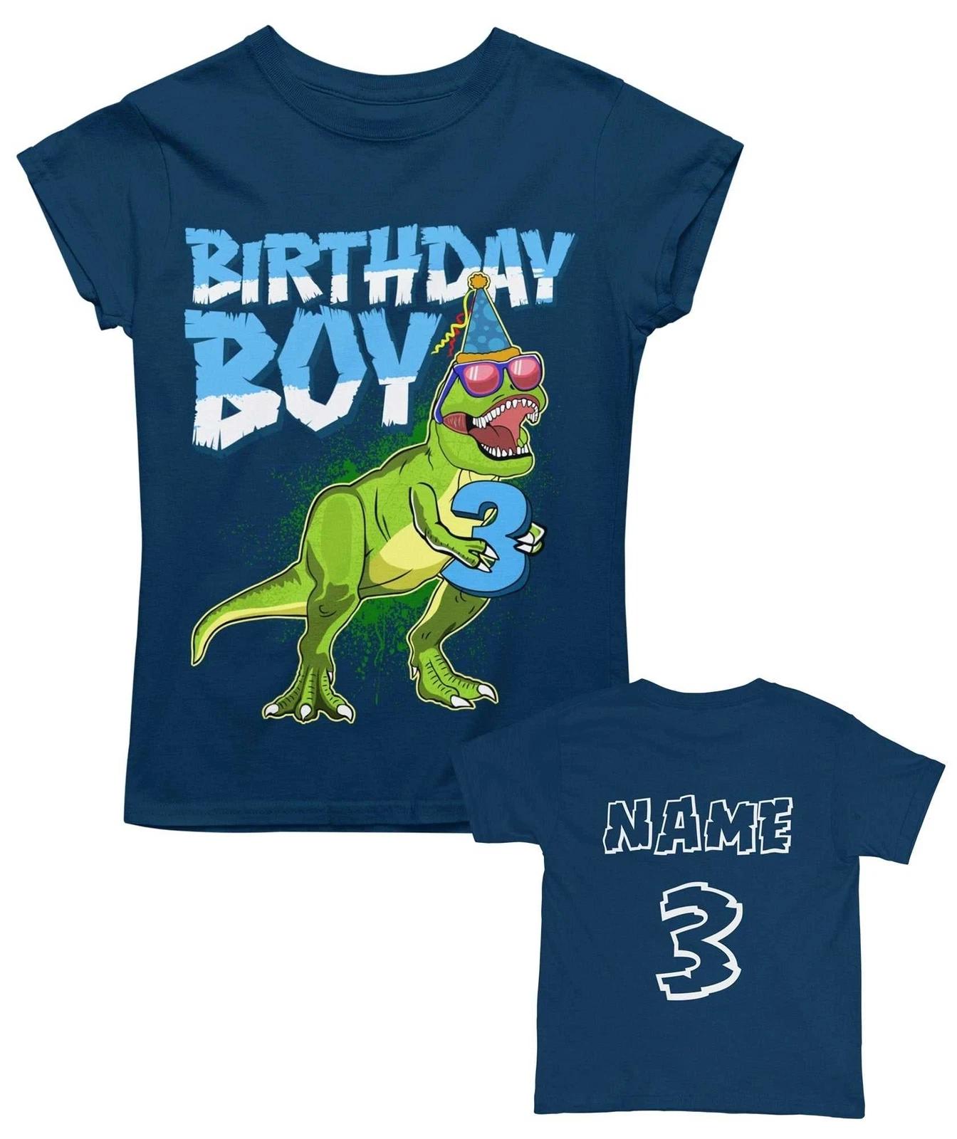 KIDS PERSONALISED 3rd birthday Dinosaur T Shirt name and age on back t-rex three S