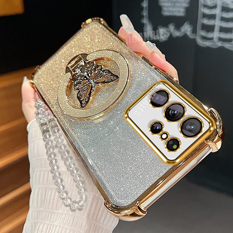 

S25ultra Butterfly Holder Chain Case For Samsung Galaxy S24 S20 S21 S22 S23 Fe S25 Plus Ultra Plating Shockproof Stand Cover S25