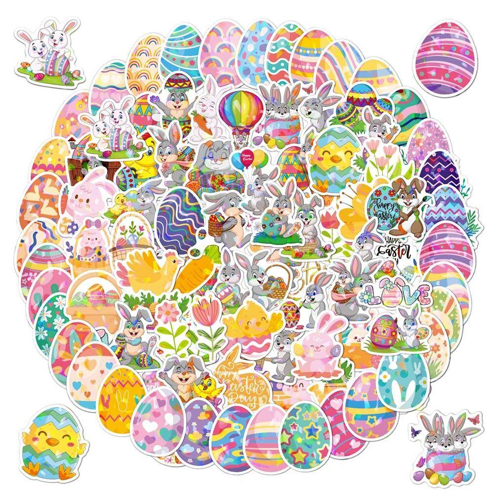 50/100PCS Multicolor Cartoon Rabbit Stickers Vinyl Holographic Glisten Easter Egg Decals Waterproof Self-adhesive