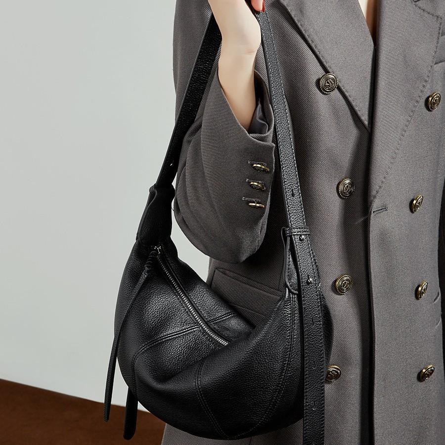 First Layer Cowhide Croissant Bag Diagonal Span Dumpling Bag Genuine Leather Single Shoulder Practical Commuting Solid Color Soft Leather Women'S Bag